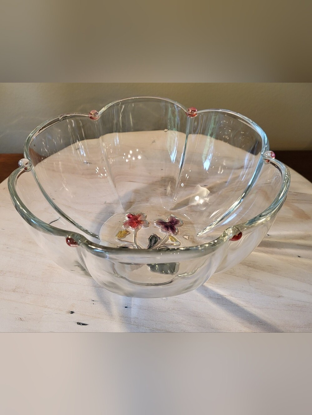 Vintage Mikasa Violets Crystal Medium Serving Bowl Floral Pink Purple Scalloped